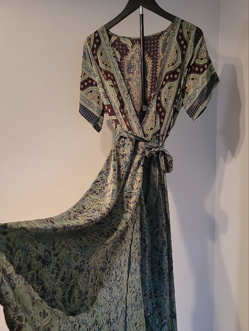 Bohemian Paisley Wrap Maxi Dress in Sage Teal and Brown
